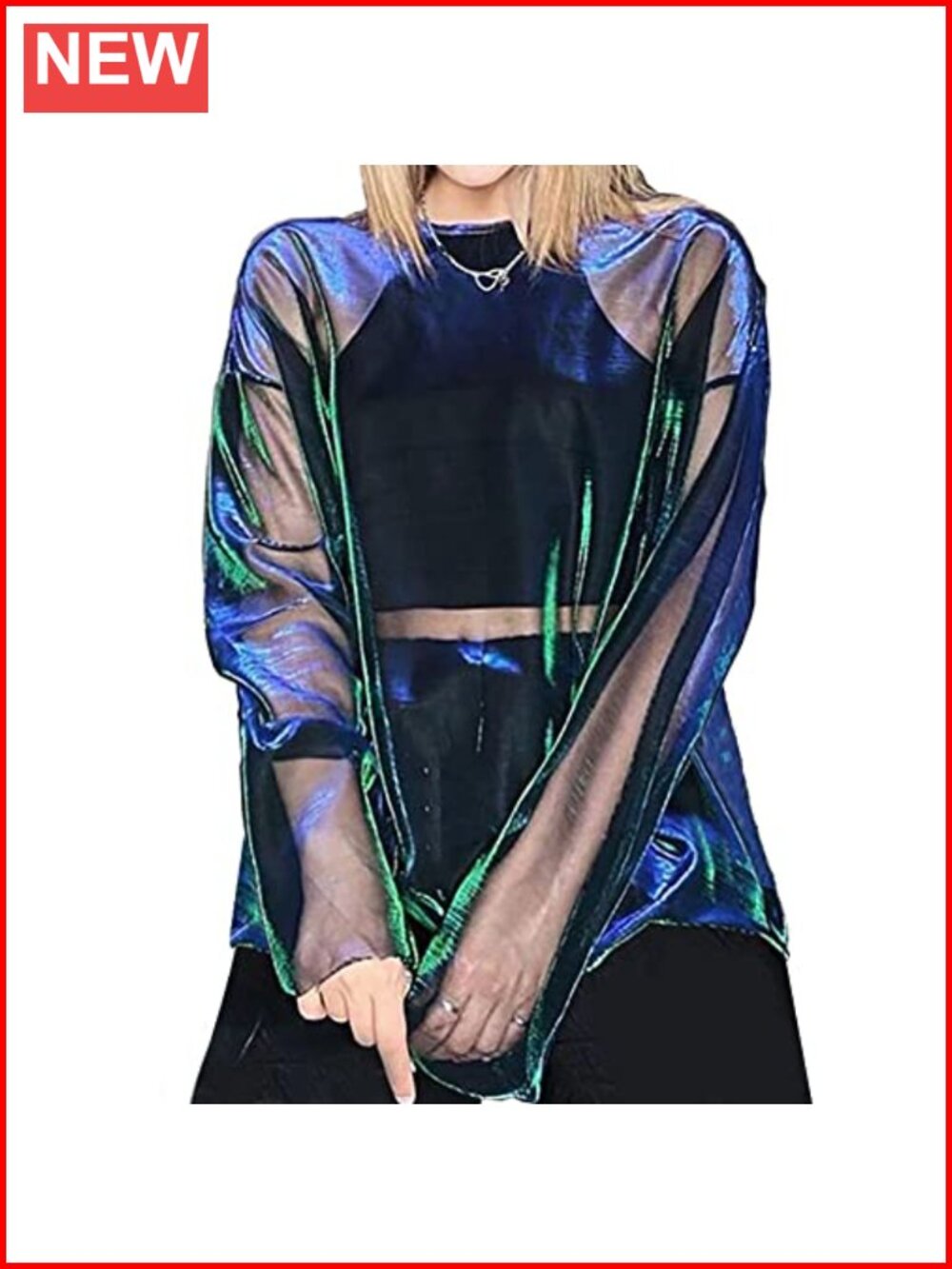 See-Thru Sparkly Metallic Shiny Oversized Mesh Cover Up Top Long Sleeve